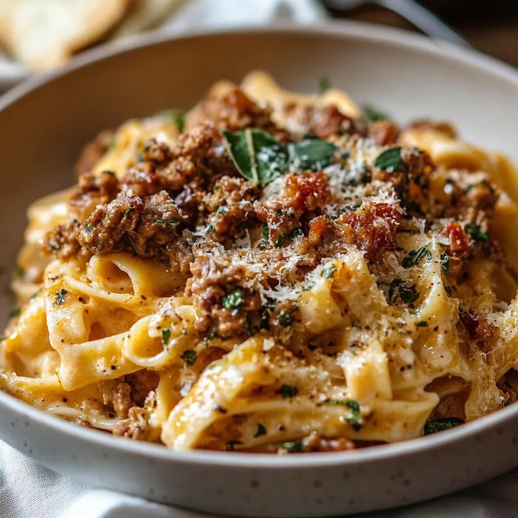 Cremige Pasta mit italienischer Wurst und sonnengetrockneten Tomaten