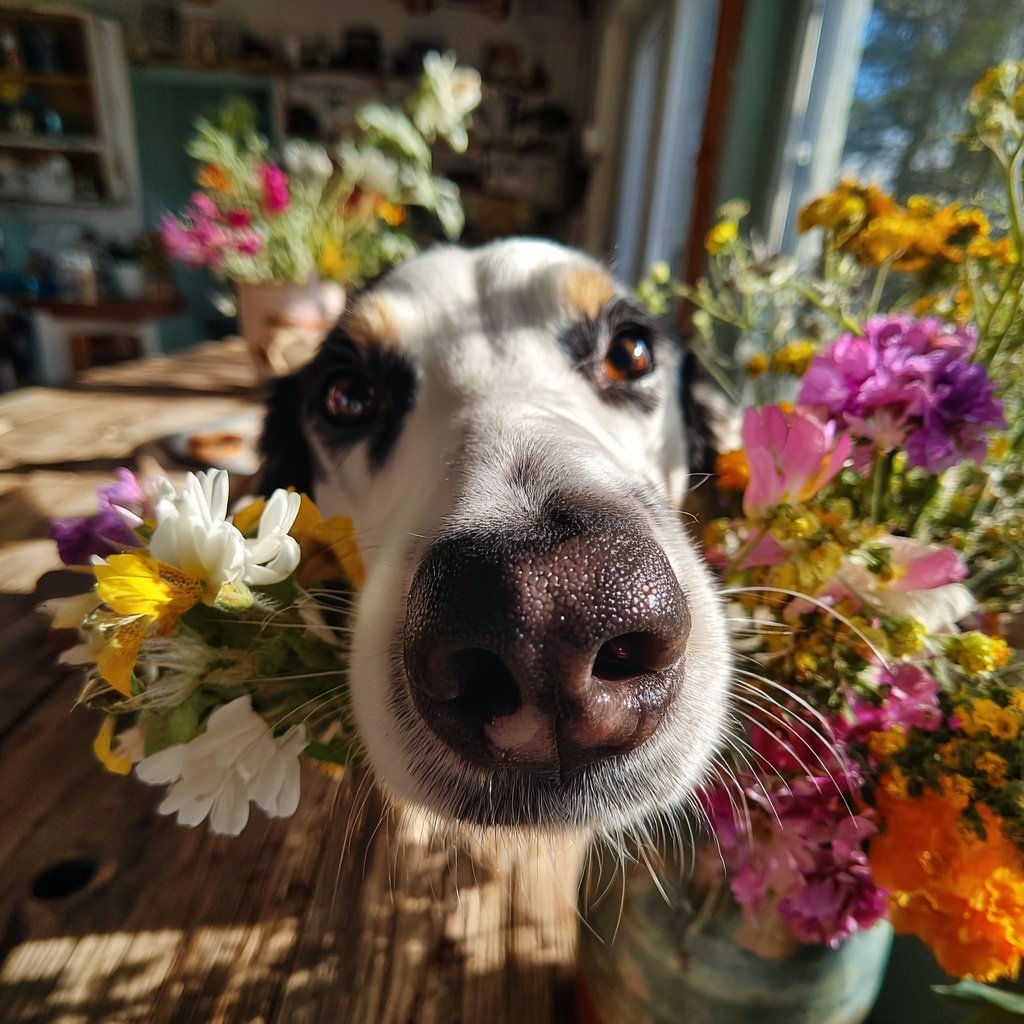 Olaf schnüffelt an der Blume
